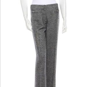 Black, blue, and beige Chanel tweed wide leg pants